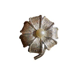 Silver Flower Faux Pearl Brooch 2” Brushed Silver